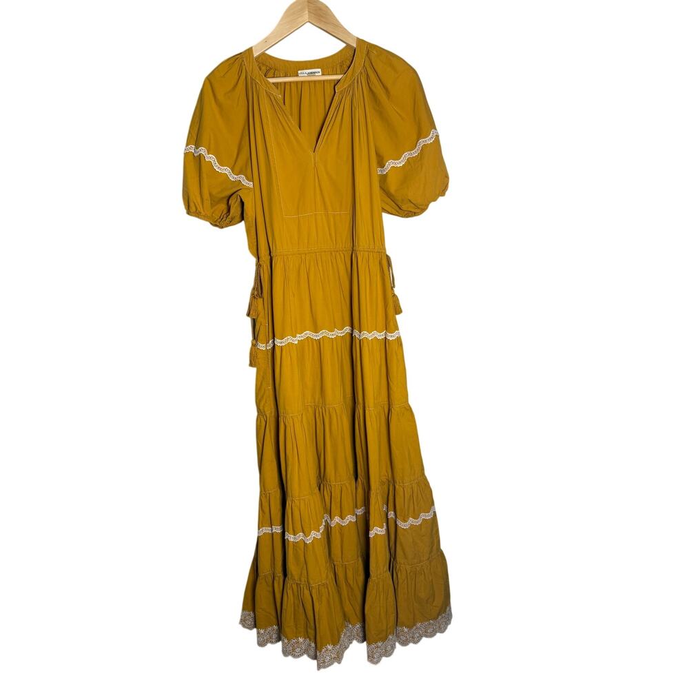 Ulla Johnson Claribel Ochre Yellow Gold Tiered Eyelet Accent Tassel Dress Sz. 6 - Picture 4 of 10